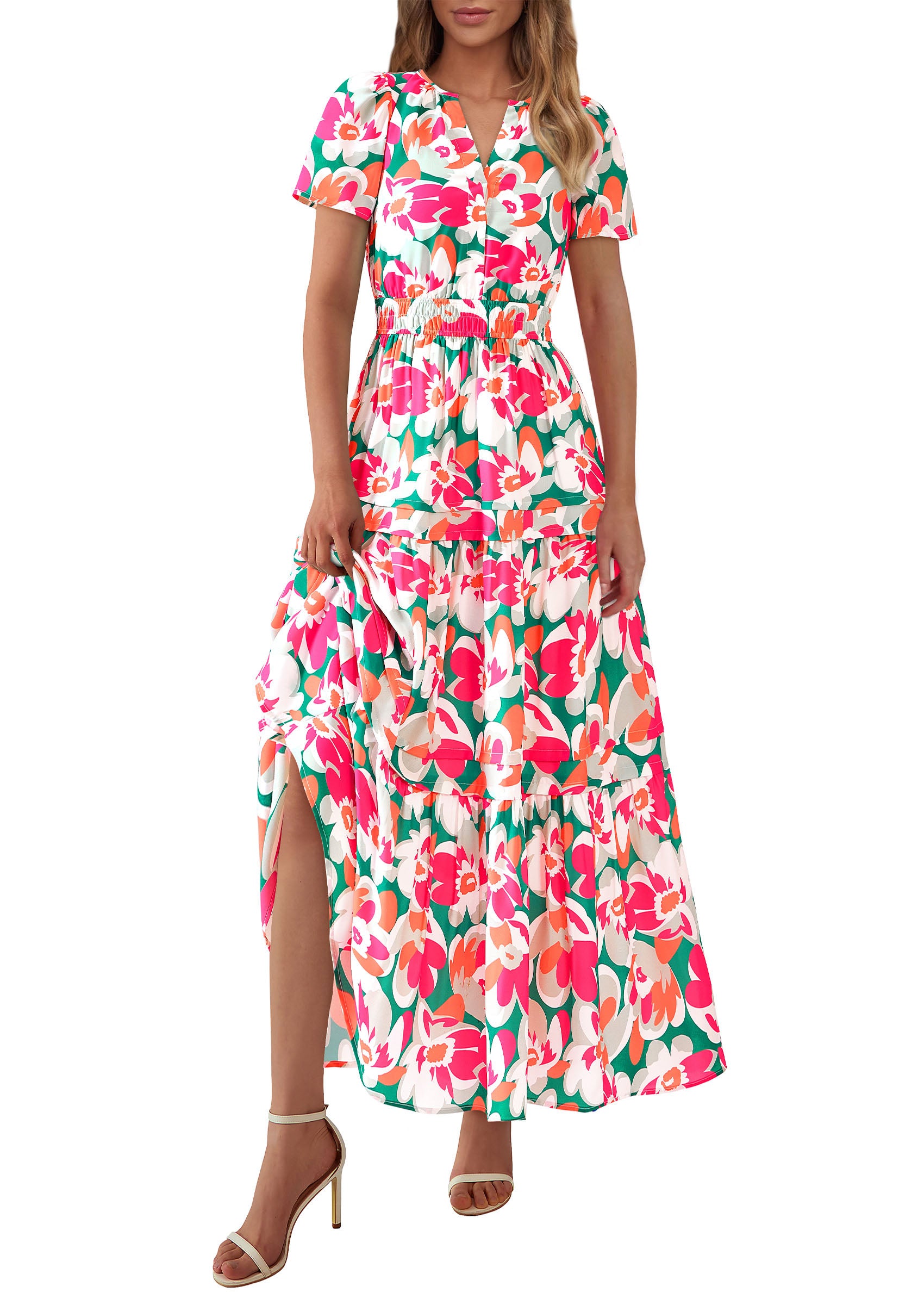 PRETTYGARDEN Women's Boho Maxi Dresses Floral Short Sleeve V Neck A Line Tiered Flowy Long Beach Vacation Dress