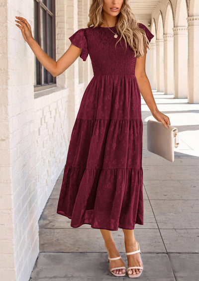 PRETTYGARDEN Midi Dress for Women Summer Floral Cap Sleeve Smocked Ruffle A Line Long Flowy Wedding Guest Dresses