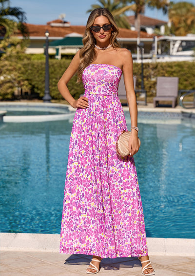 PRETTYGARDEN Womens Boho Maxi Dress Summer Floral Tube Strapless Spring Wedding Guest Cocktail Long Dresses