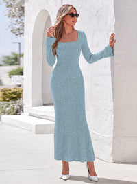 PRETTYGARDEN Women's Fall Long Sleeve Maxi Bodycon Dresses | Soft Stretchy Ribbed Knit, Bell Sleeve Square Neck Mermaid, Elegant Long Dress, Wedding Guest Party, 2026 Winter Clothing
