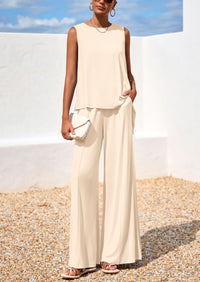 PRETTYGARDEN Women's Two Piece Matching Lounge Sets Asymmetrical Split Tank Tops Wide Leg Pants Summer Outfits Tracksuit