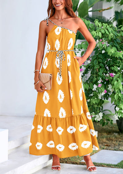 PRETTYGARDEN Women's Summer Maxi Dresses One Shoulder Printed Flowy Boho Beach Vacation Long Sundress