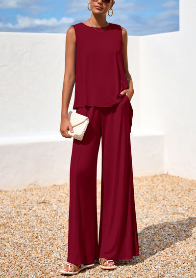 PRETTYGARDEN Women's Two Piece Matching Lounge Sets Asymmetrical Split Tank Tops Wide Leg Pants Summer Outfits Tracksuit