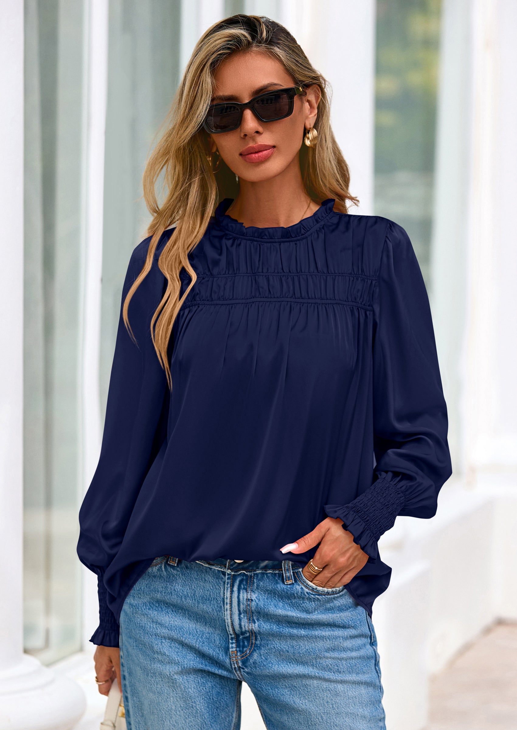 PRETTYGARDEN Blouses for Women Dressy Casual Fall Outfits Frill Neck Long Sleeve Shirts Satin Work Business Casual Tops