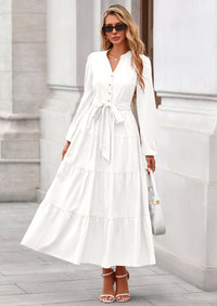 PRETTYGARDEN Fall Dresses for Women Long Sleeve V Neck Belted Ruffle A Line Flowy Boho Maxi Wedding Guest Dress Pockets