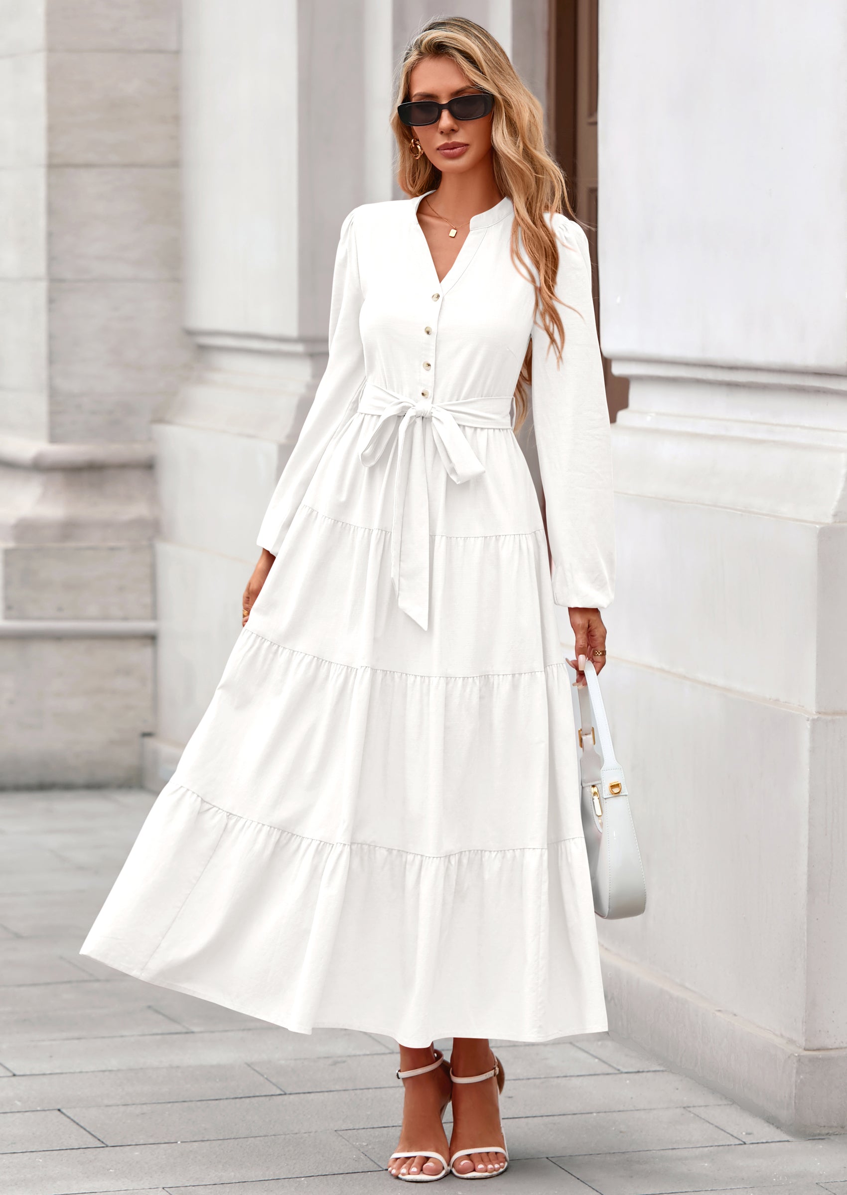 PRETTYGARDEN Fall Dresses for Women Long Sleeve V Neck Belted Ruffle A Line Flowy Boho Maxi Wedding Guest Dress Pockets