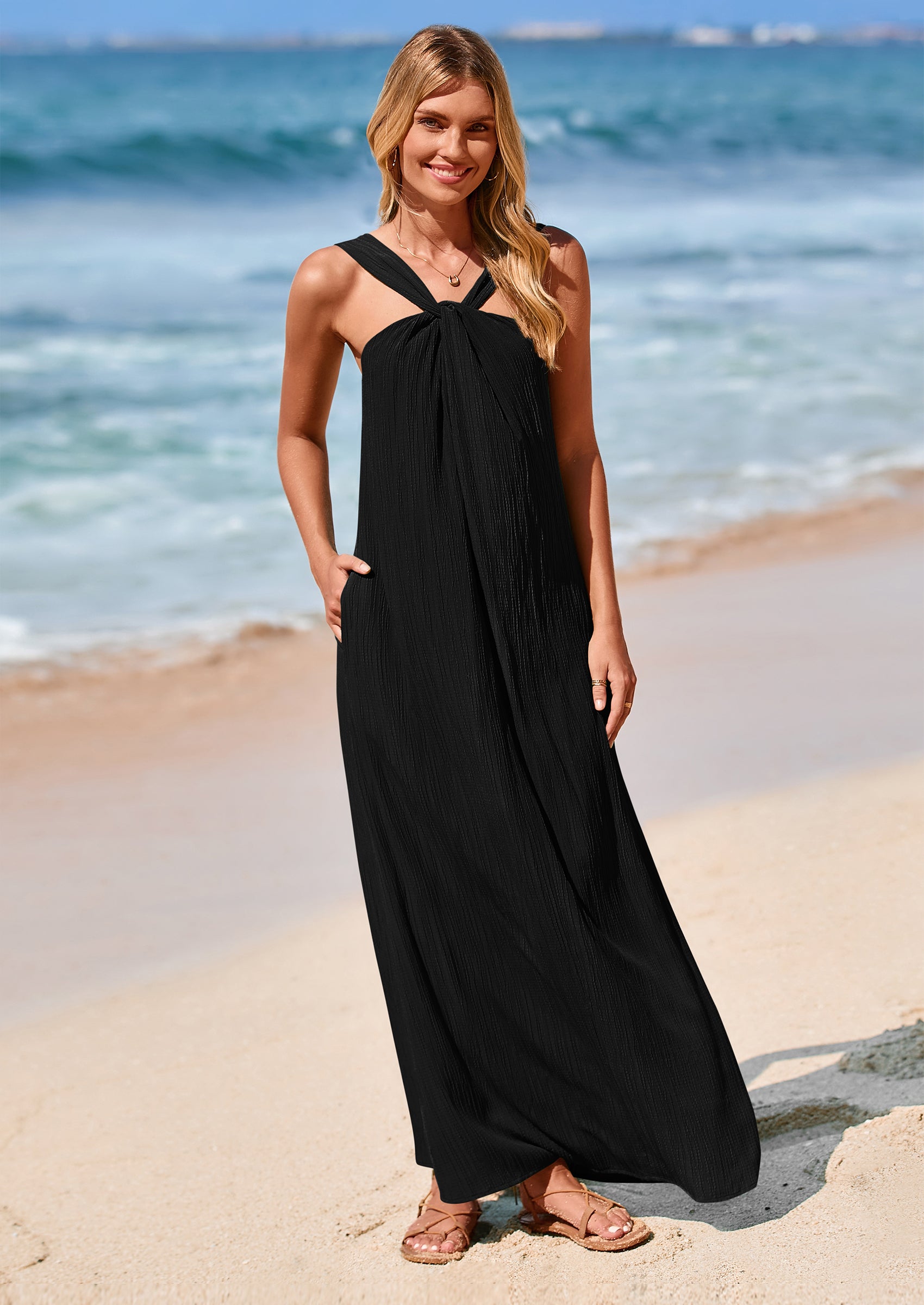 PRETTYGARDEN Womens Casual Long Summer Dresses Sleeveless Strappy Loose Flowy Beach Vacation Maxi Dress with Pockets