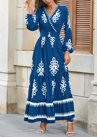 PRETTYGARDEN Women's Fall Wedding Guest Dresses Boho Floral Long Sleeve V Neck Flowy Elegant Maxi Dress Beach Clothes