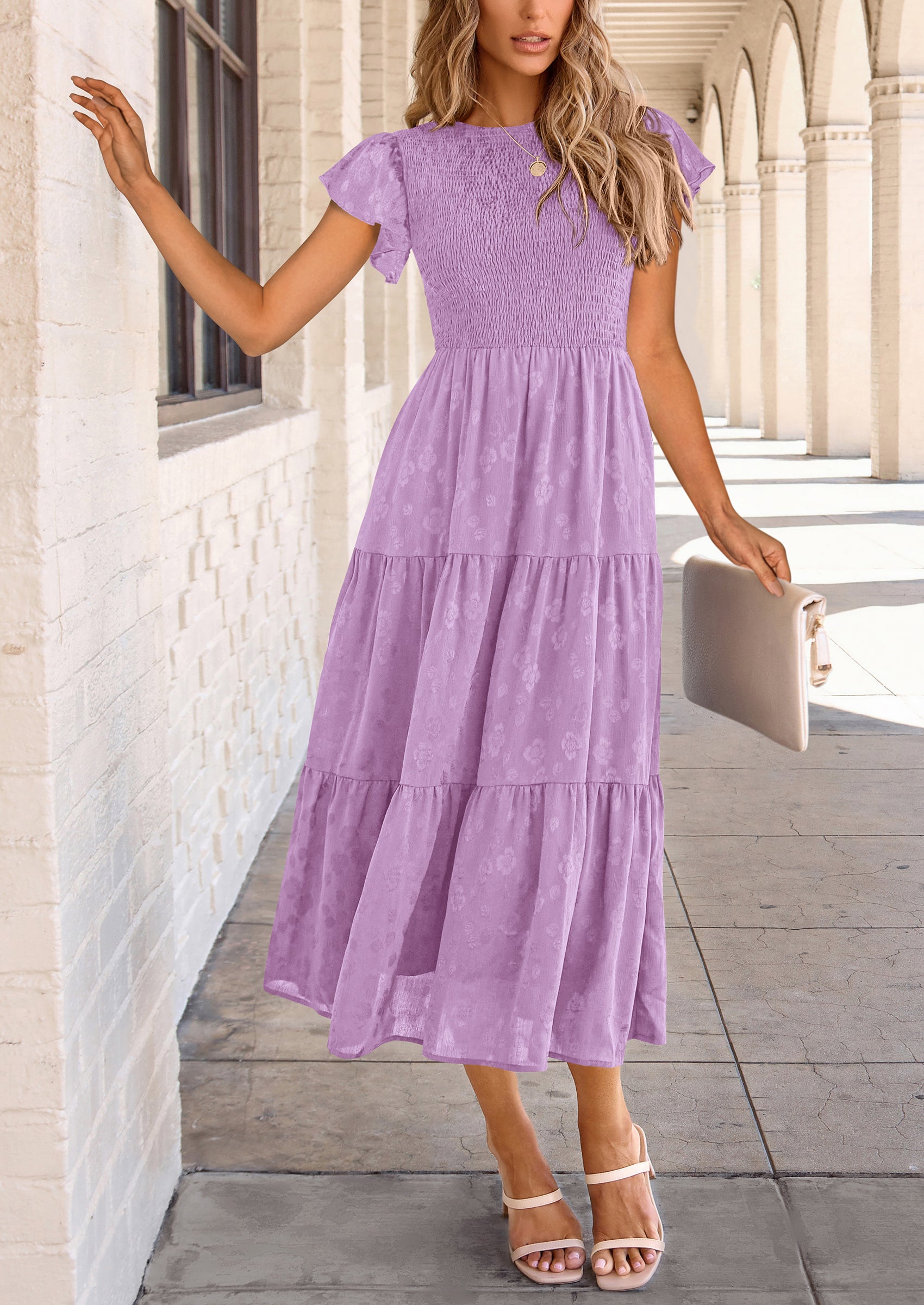 PRETTYGARDEN Midi Dress for Women Summer Floral Cap Sleeve Smocked Ruffle A Line Long Flowy Wedding Guest Dresses