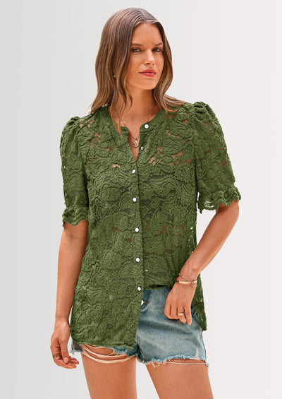 PRETTYGARDEN Womens Spring Lace Tops Short Puff Sleeve Casual Dressy Blouses Eyelet Crew Neck Button Down Shirts