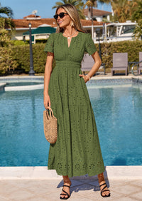PRETTYGARDEN Short Sleeve Spring Dresses for Women Elegant Classy Boho High Waist A Line Pleated Wedding Guest Dress PRETTYGARDEN