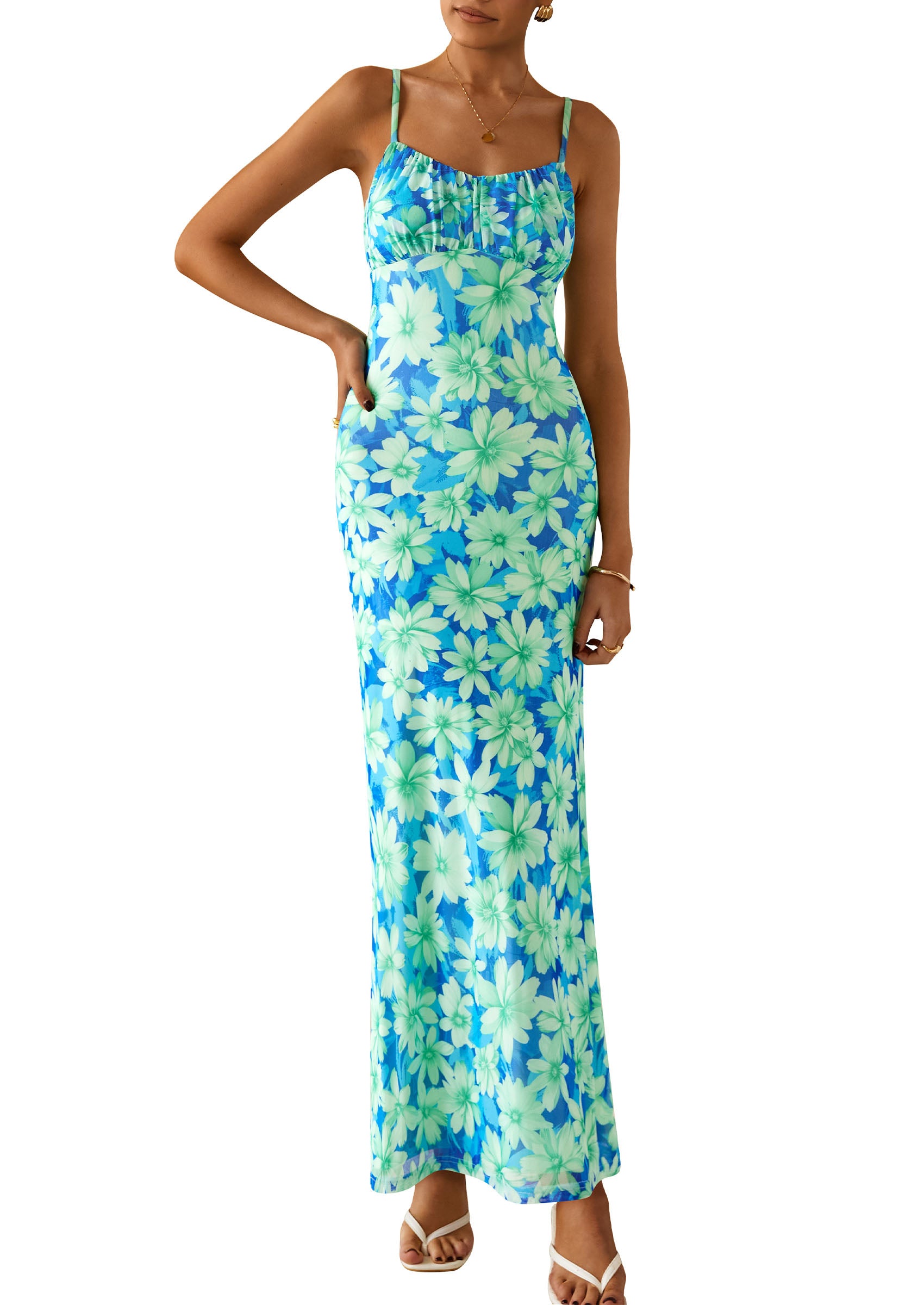 PRETTYGARDEN Women's Bodycon Maxi Dress Floral Sundress Sleeveless Spaghetti Strap Cocktail Party Dress