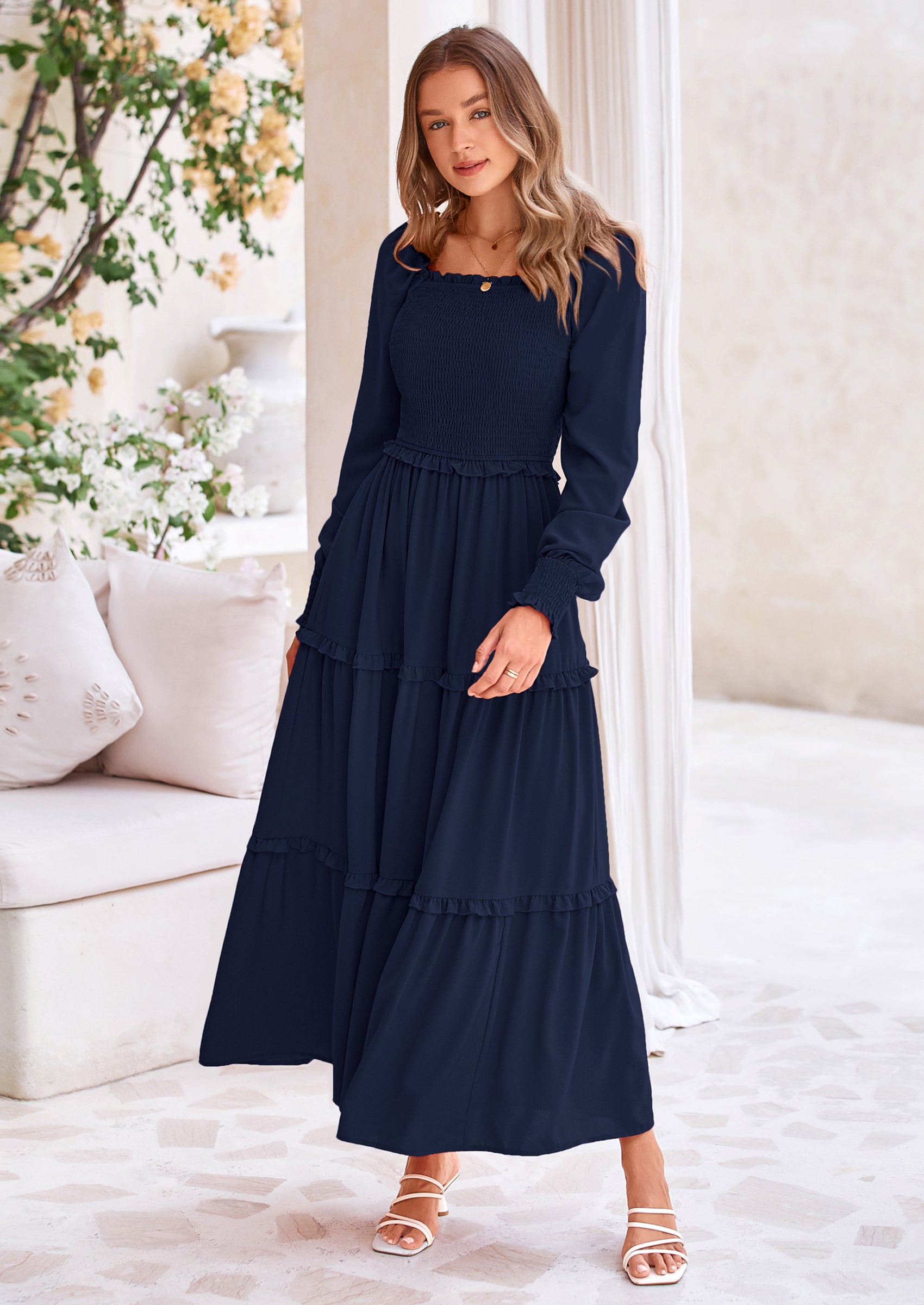 PRETTYGARDEN Fall Wedding Guest Dresses for Women Long Sleeve Square Neck Tiered A Line Modest Elegant Flowy Dresses