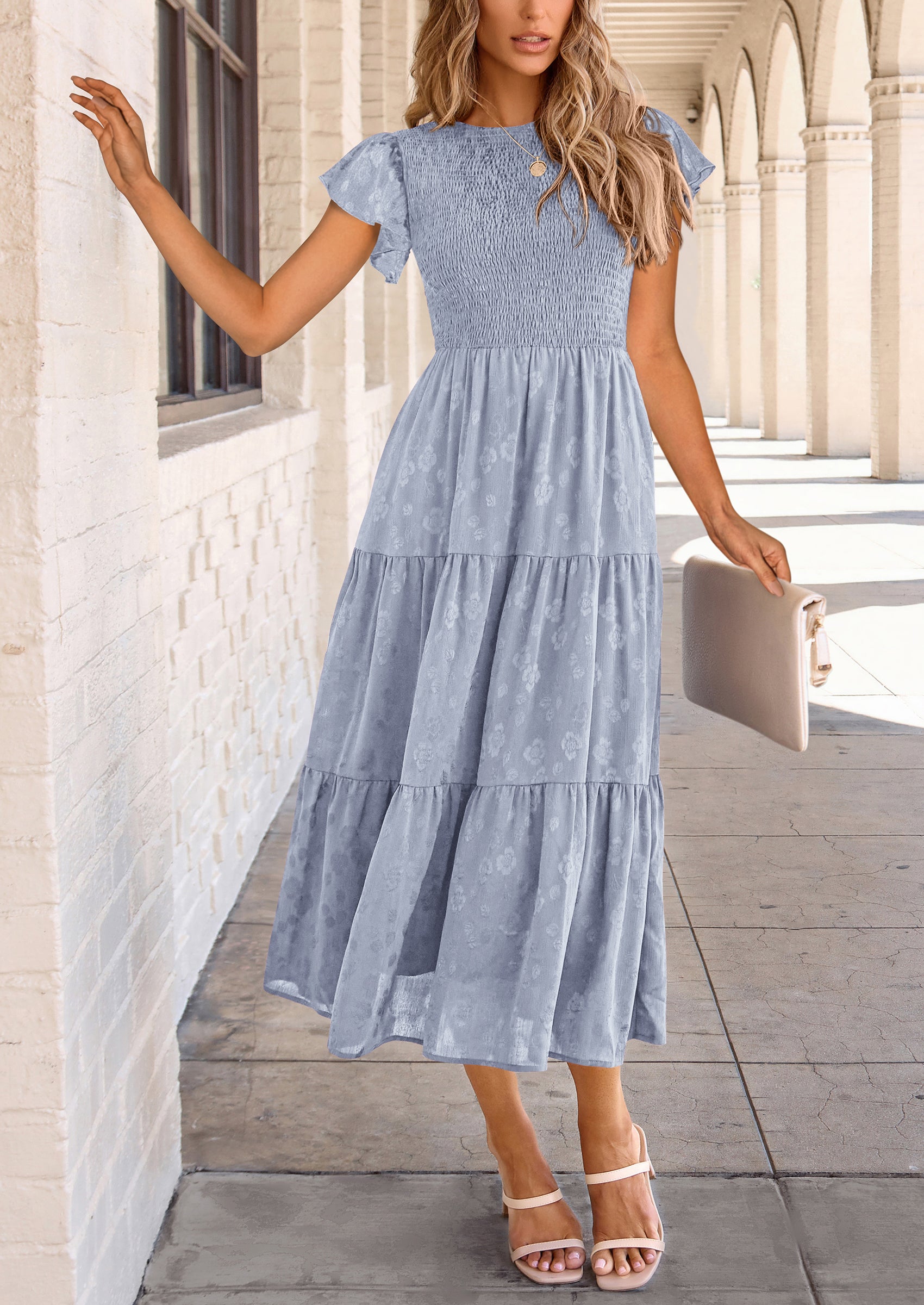 PRETTYGARDEN Midi Dress for Women Summer Floral Cap Sleeve Smocked Ruffle A Line Long Flowy Wedding Guest Dresses