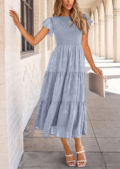 PRETTYGARDEN Midi Dress for Women Summer Floral Cap Sleeve Smocked Ruffle A Line Long Flowy Wedding Guest Dresses