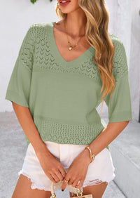 PRETTYGARDEN Women's Short Sleeve Sweater Tops Spring Summer Casual V Neck Ribbed Knit Trendy Eyelet Blouse T Shirts