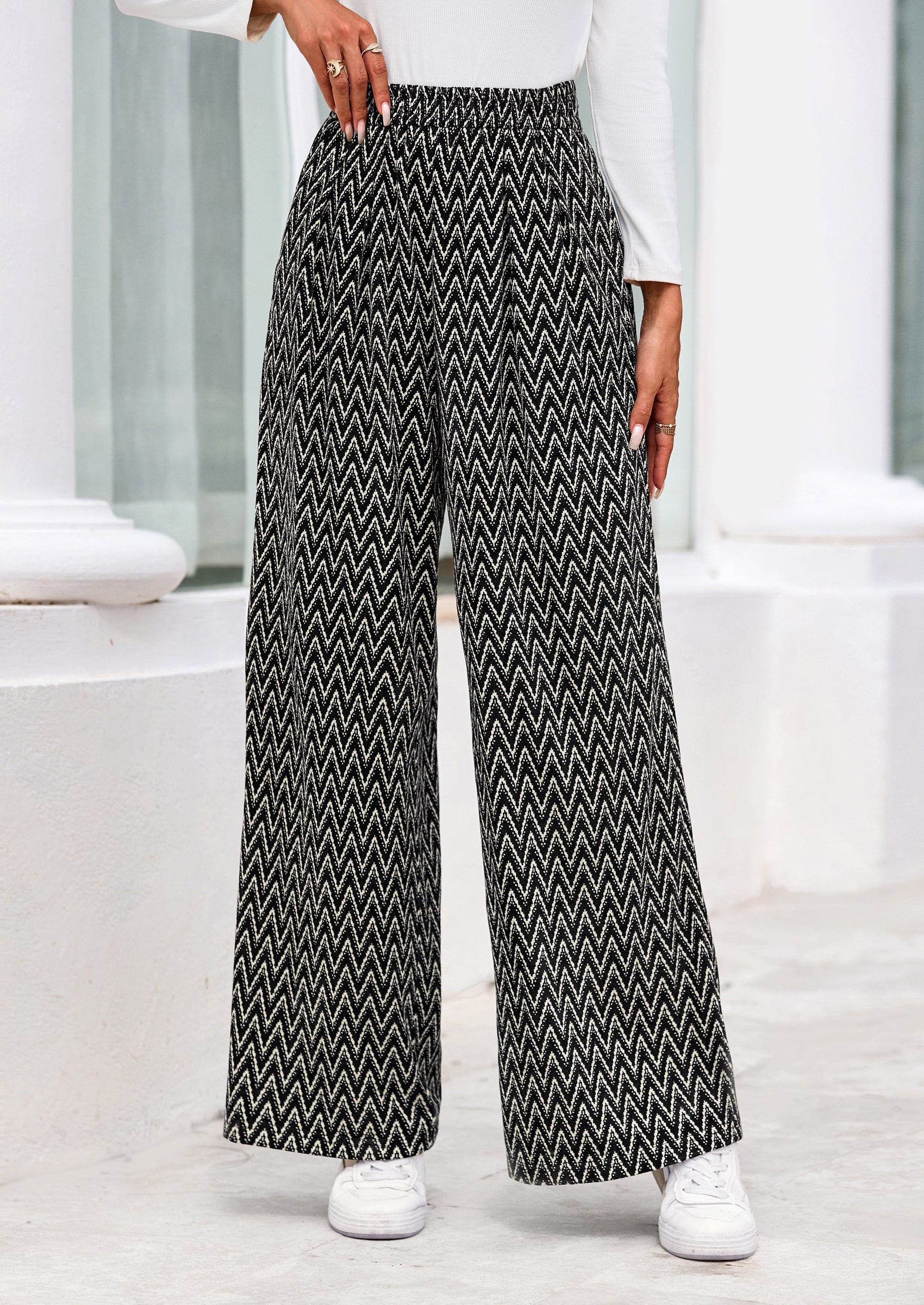 PRETTYGARDEN Casual Women's Pants Elastic Waist Palazzo Long Stretchy Wide Leg Trousers Knit Fall Outfits with Pockets