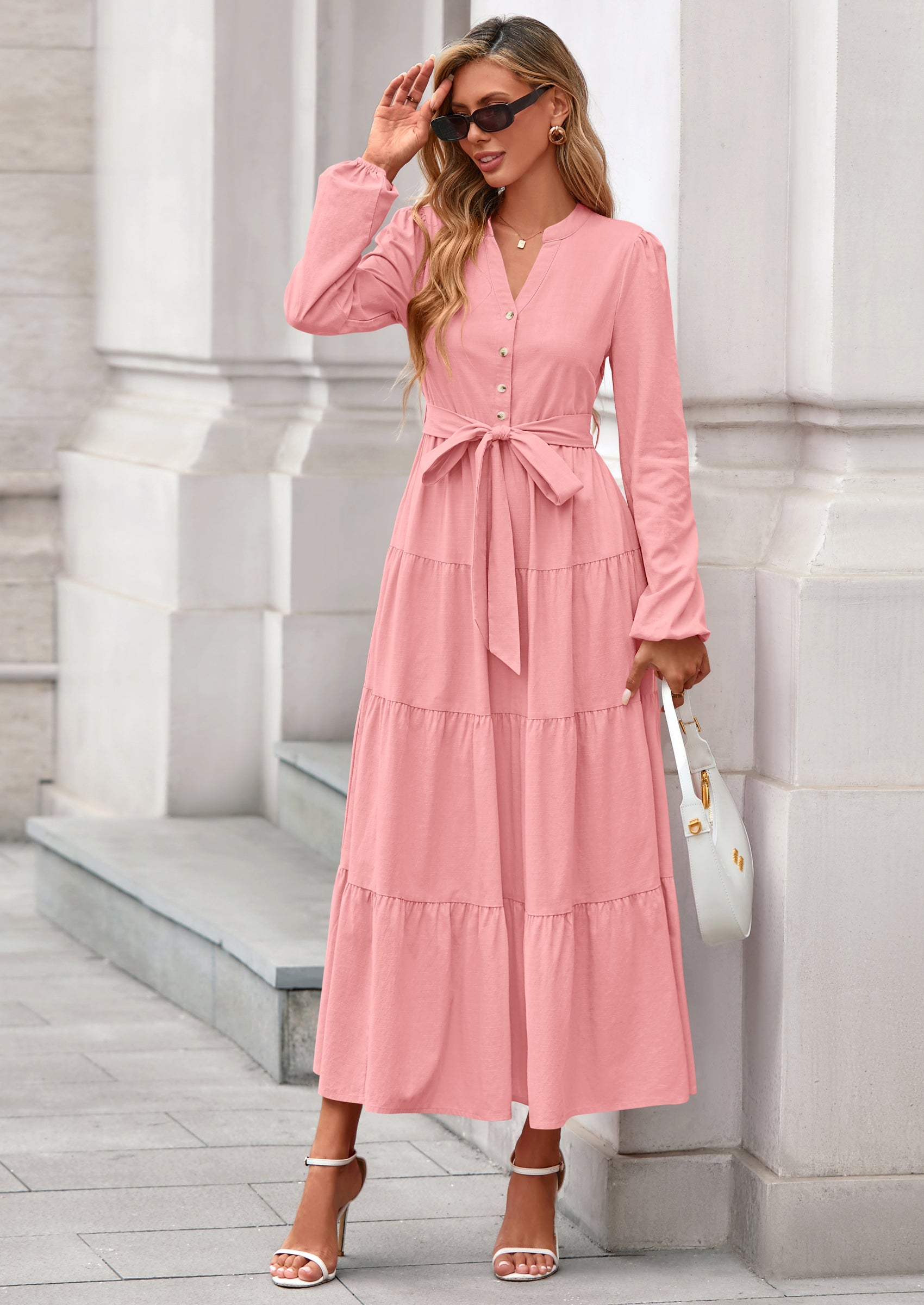 PRETTYGARDEN Fall Dresses for Women Long Sleeve V Neck Belted Ruffle A Line Flowy Boho Maxi Wedding Guest Dress Pockets