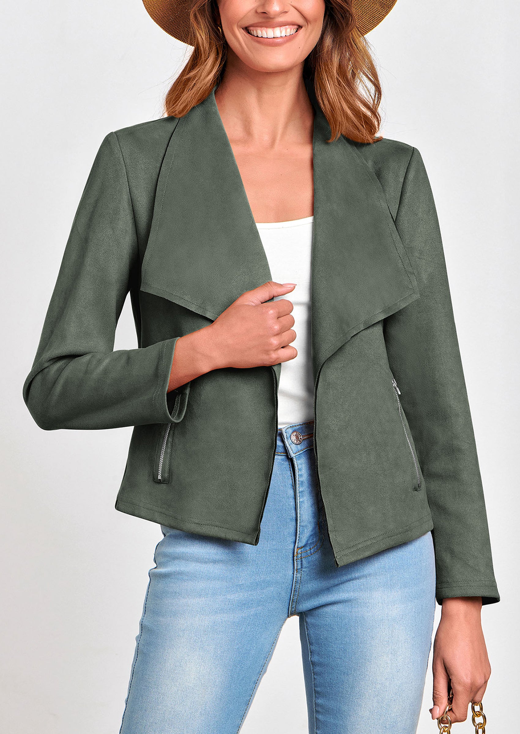 PRETTYGARDEN Women's Faux Suede Jackets Fashion Fall Clothes Long Sleeve Open Front Cropped Coat Outwear