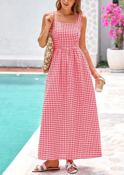 PRETTYGARDEN Women's Summer Spaghetti Strap Maxi Dresses Plaid Square Neck A Line Casual Beach Vacation Long Sundress