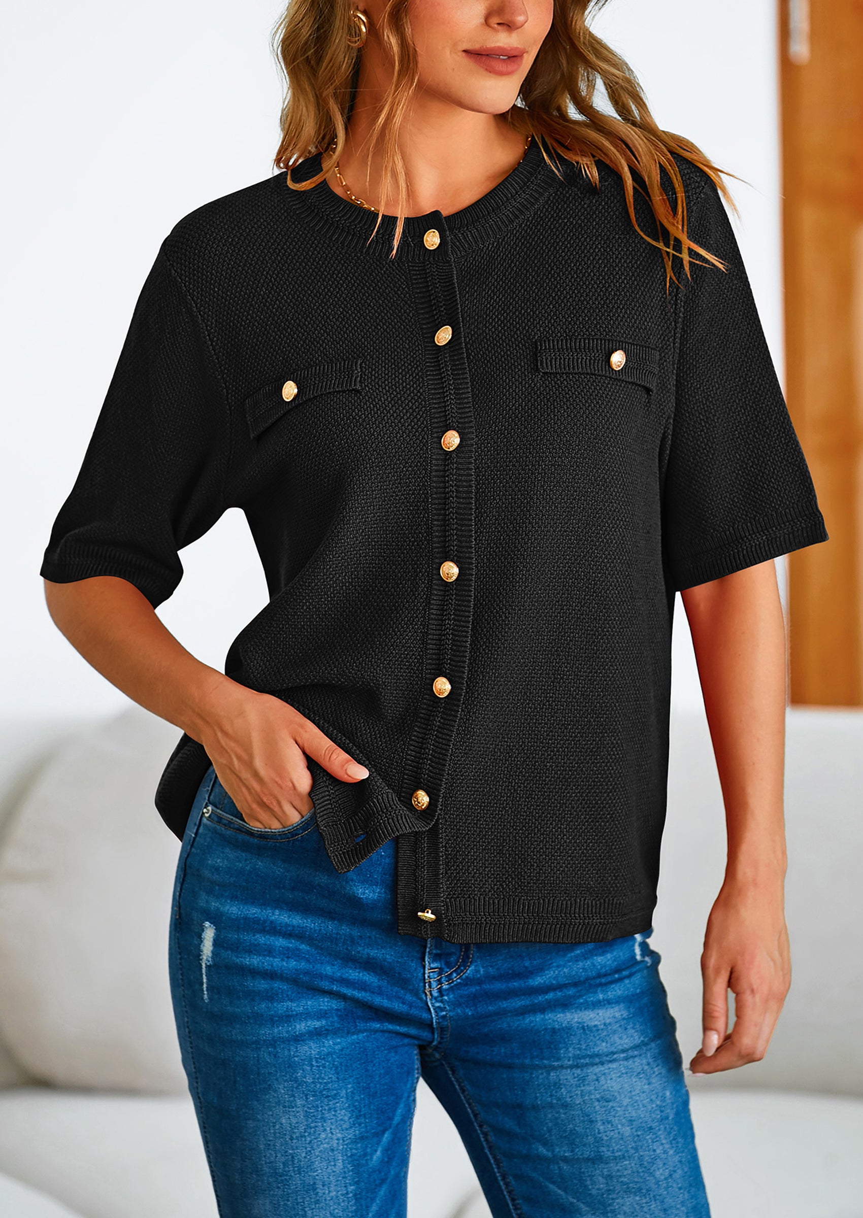 PRETTYGARDEN Women's Summer Button Down Shirts Casual Short Sleeve Crew Neck Ribbed Knit Blouse Top Cardigans