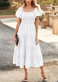 PRETTYGARDEN Women's Summer Casual Midi Dress Puffy Short Sleeve Square Neck Smocked Tiered Ruffle Dresses