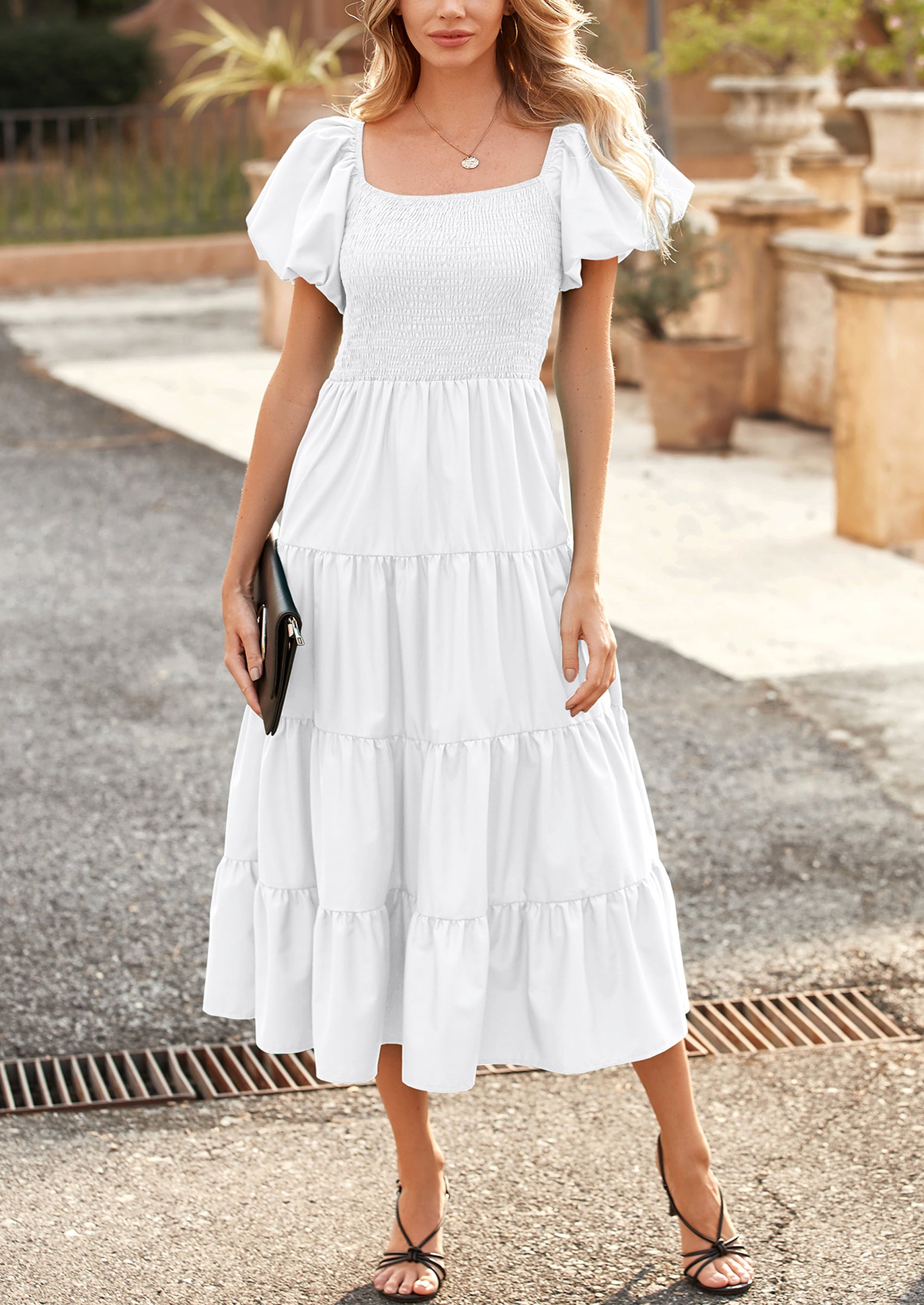 PRETTYGARDEN Women's Summer Casual Midi Dress Puffy Short Sleeve Square Neck Smocked Tiered Ruffle Dresses