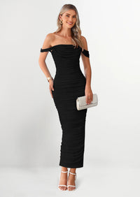 PRETTYGARDEN Womens Off The Shoulder Dress Ruched Bodycon Sleeveless Split Cocktail Party Maxi Dresses