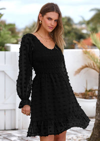 BTFBM Spring Dresses for Women 2026 Long Sleeve Casual V Neck Swiss Dot Smocked Ruffle Chiffon Flowy Mini Summer Dress PRETTYGARDEN