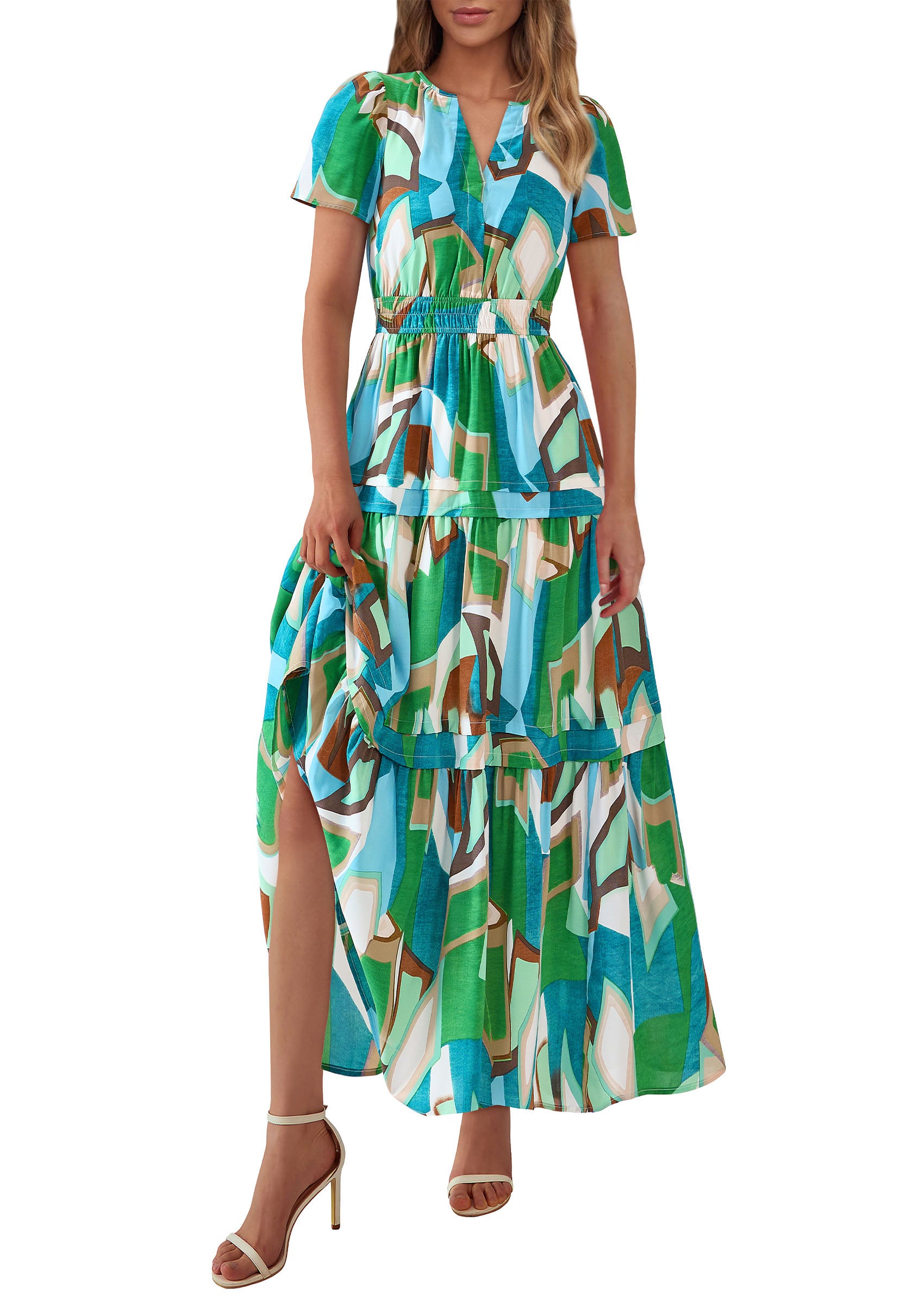 PRETTYGARDEN Women's Boho Maxi Dresses Floral Short Sleeve V Neck A Line Tiered Flowy Long Beach Vacation Dress