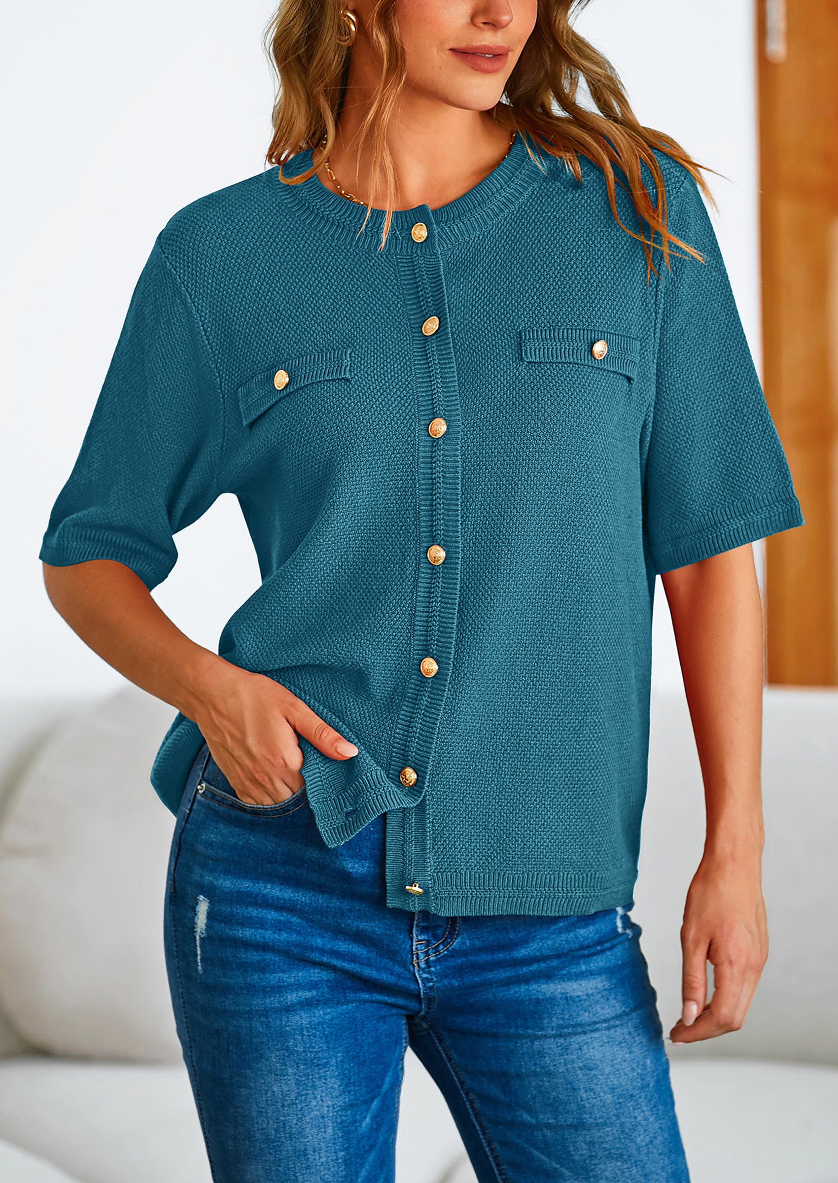 PRETTYGARDEN Women's Summer Button Down Shirts Casual Short Sleeve Crew Neck Ribbed Knit Blouse Top Cardigans