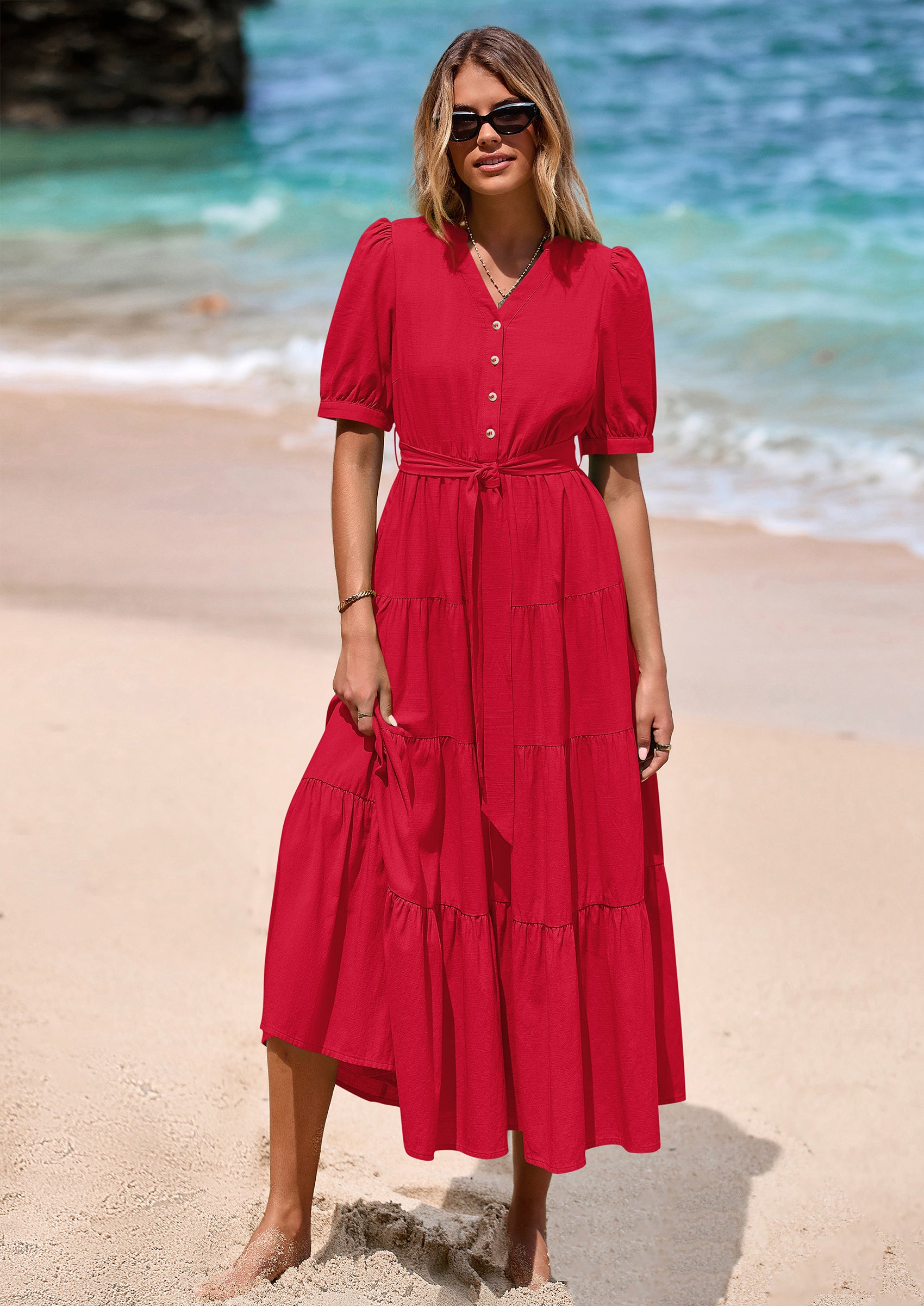 PRETTYGARDEN Women's Midi Dress Casual Short Sleeve V Neck Buttons Belted Ruffle A Line Flowy Dress with Pockets