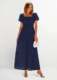 PRETTYGARDEN Dresses for Women Eyelet Square Neck Puff Sleeve Smocked Wedding Guest Maxi Dress with Pockets