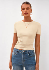 PRETTYGARDEN Women Summer Crew Neck Short Sleeve Tops Ribbed Knit Slim Fit Fashion Basic Tee Shirts Casual Going Out Top PRETTYGARDEN