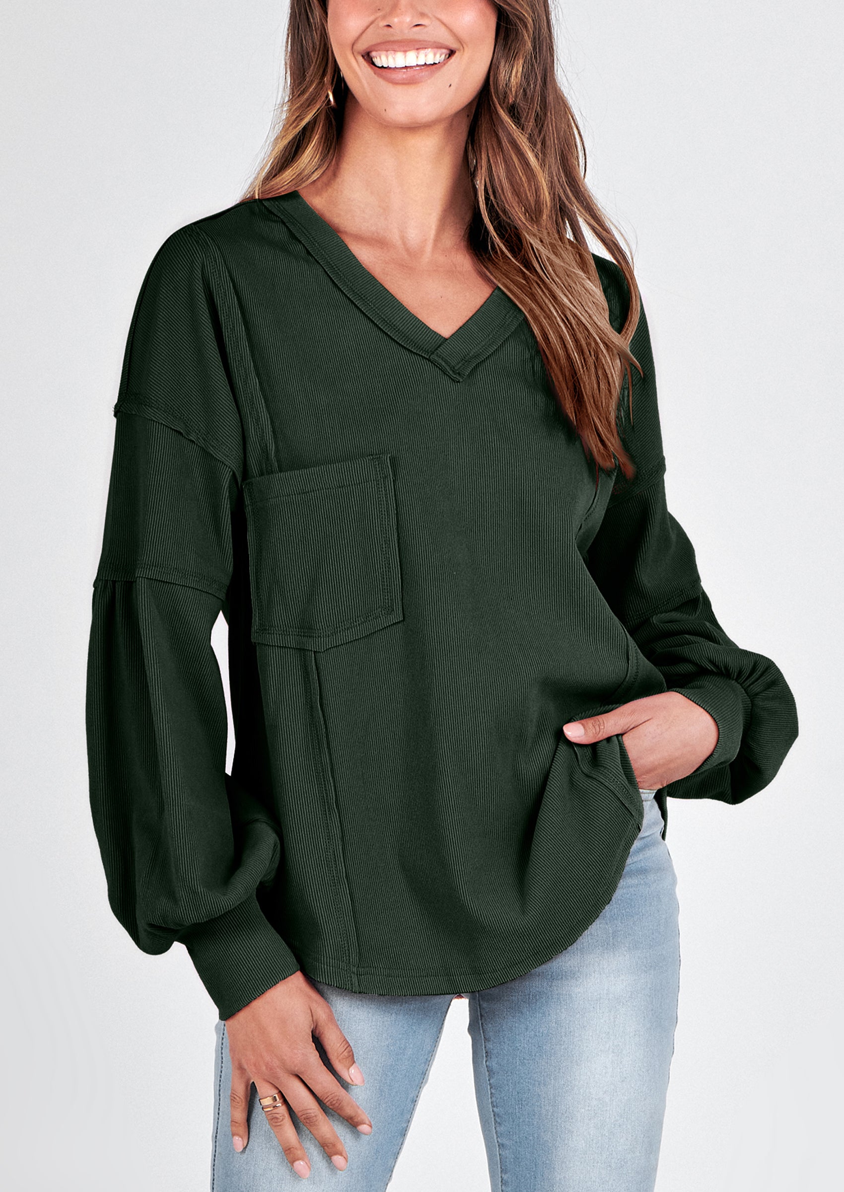 BTFBM Women's Ribbed Long Sleeve Tops Summer Spring Pullover Knit Casual V Neck Blouses Trendy Loose Fit Tunic Top