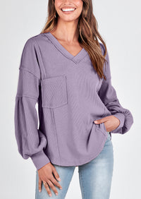 BTFBM Women's Ribbed Long Sleeve Tops Summer Spring Pullover Knit Casual V Neck Blouses Trendy Loose Fit Tunic Top