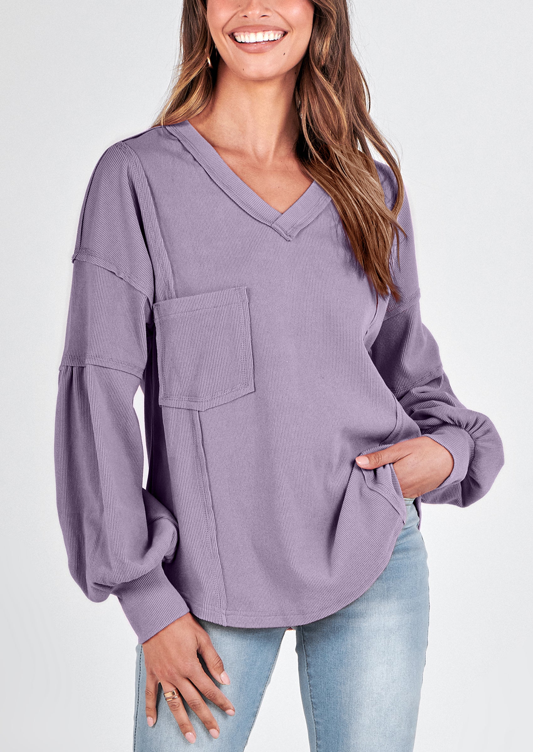 BTFBM Women's Ribbed Long Sleeve Tops Summer Spring Pullover Knit Casual V Neck Blouses Trendy Loose Fit Tunic Top