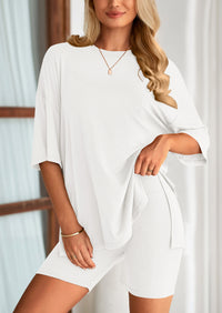 PRETTYGARDEN Women's Two Piece Lounge Set Summer Casual Oversized Shirts Biker Shorts Matching Airport Travel Outfit