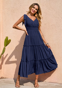 PRETTYGARDEN Women's Cross Neck Spring Sleeveless Tiered Maxi Dress Beach Tie Strap Smocked Long Dresses Pleated Sundress