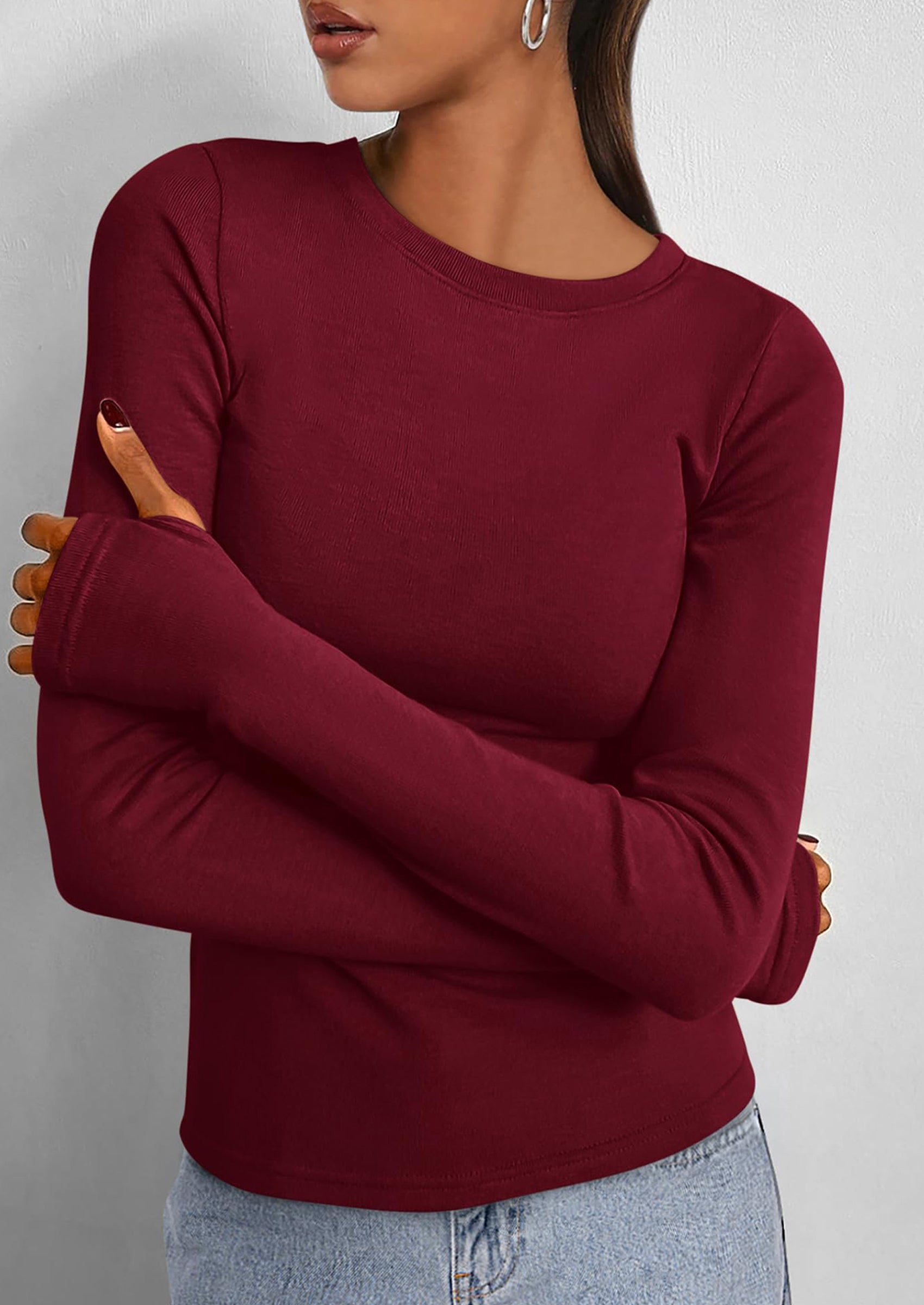 BTFBM Women's Casual Tops Spring Fall Outfits Long Sleeve Shirt Crewneck Workout Stretchy Slim Fit Going Out Top