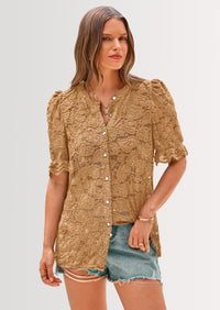 PRETTYGARDEN Womens Spring Lace Tops Short Puff Sleeve Casual Dressy Blouses Eyelet Crew Neck Button Down Shirts