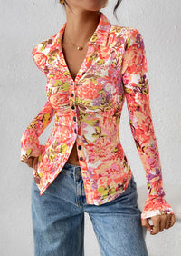 PRETTYGARDEN Women Button Down Floral Shirts Fall Trendy Long Sleeve V Neck Ruched Fitted Mesh Blouse Tops Date Outfits