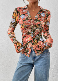 PRETTYGARDEN Women Button Down Floral Shirts Fall Trendy Long Sleeve V Neck Ruched Fitted Mesh Blouse Tops Date Outfits