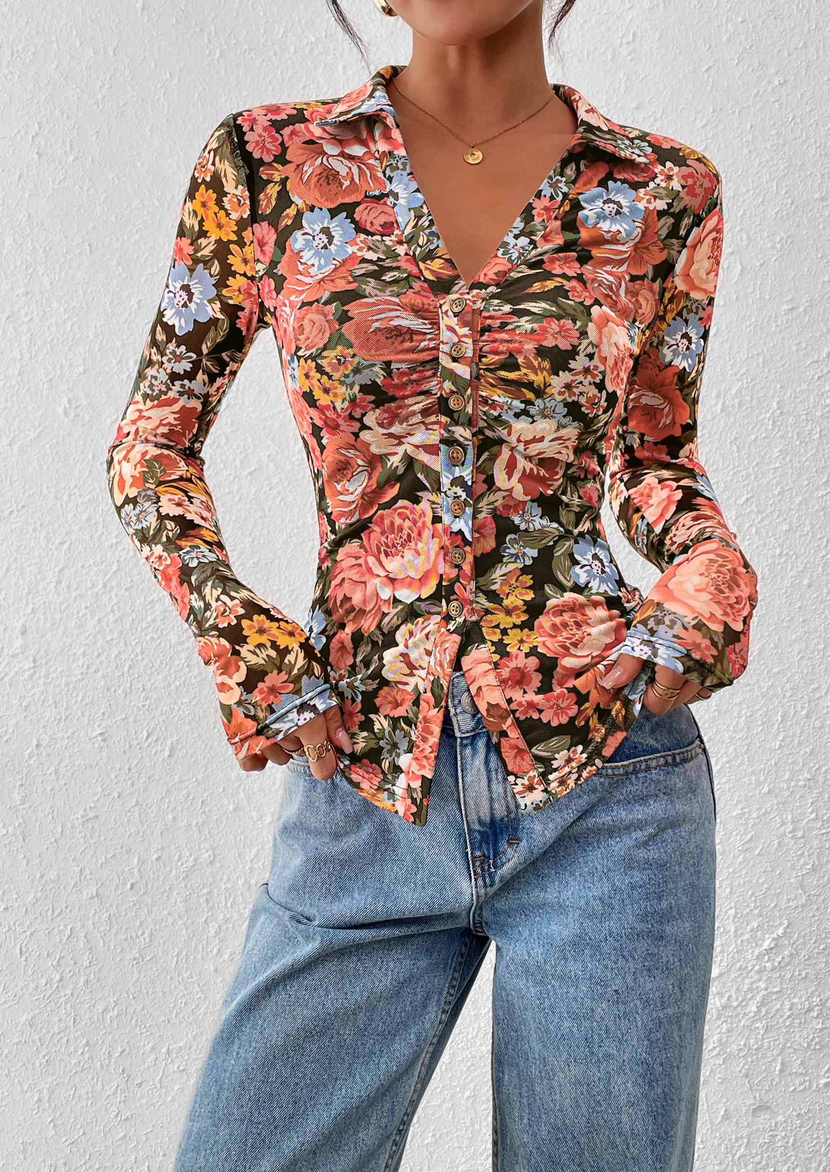 PRETTYGARDEN Women Button Down Floral Shirts Fall Trendy Long Sleeve V Neck Ruched Fitted Mesh Blouse Tops Date Outfits