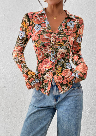 PRETTYGARDEN Women Button Down Floral Shirts Fall Trendy Long Sleeve V Neck Ruched Fitted Mesh Blouse Tops Date Outfits