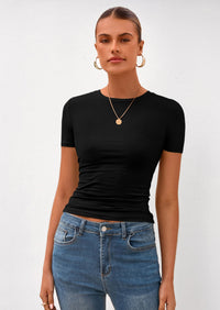 PRETTYGARDEN Women Summer Crew Neck Short Sleeve Tops Ribbed Knit Slim Fit Fashion Basic Tee Shirts Casual Going Out Top PRETTYGARDEN