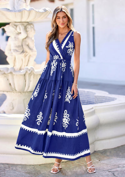 PRETTYGARDEN Womens Floral Maxi Dress Sleeveless Vneck Belt Ruffle Long Dresses Boho Summer Beach Vacation Clothes
