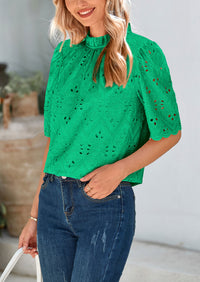 PRETTYGARDEN Womens Summer Tops Trendy Short Sleeve Eyelet Embroidered Dressy Casual Blouse Shirts