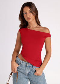 PRETTYGARDEN Womens Off The Shoulder Tops Summer Sleeveless One Shoulder Ruched Asymmetrical Y2K Going Out Crop Tank Top