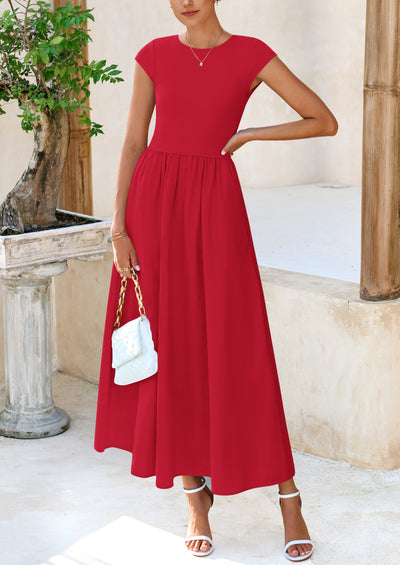 PRETTYGARDEN Women's Casual Long Dresses Cap Sleeve Patchwork A Line Flowy Modest Elegant Homecoming Maxi Dress